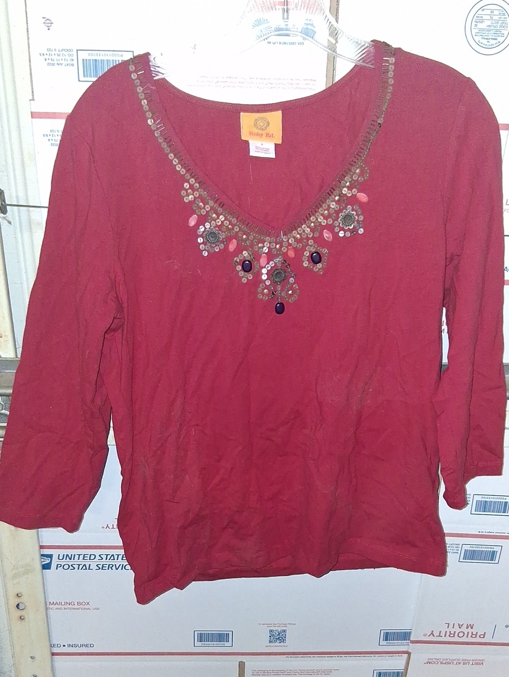 Ruby Rd.dize S Deep Red Long-Sleeve V-Neck Top with Beaded Neckline (SKU A 40)